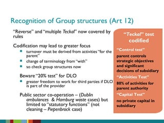 Recognition of Group structures (Art 12)
“Reverse” and “multiple Teckal” now covered by
rules
Codification may lead to greater focus
 turnover must be derived from activities “for the
parent”
 change of terminology from “with”
 so check group structures now
Beware “20% test” for DLO
 greater freedom to work for third parties if DLO
is part of the provider
Public sector co-operation – (Dublin
ambulances & Hamburg waste cases) but
limited to “statutory functions” (not
cleaning – Piepenbrock case)
“Teckal” test
codified
“Control test”
parent controls
strategic objectives
and significant
decisions of subsidiary
“Activities Test”
80% of activities for
parent authority
“Capital Test”
no private capital in
subsidiary
 