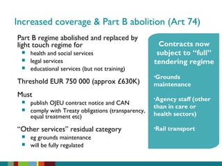 Increased coverage & Part B abolition (Art 74)
Part B regime abolished and replaced by
light touch regime for
 health and social services
 legal services
 educational services (but not training)
Threshold EUR 750 000 (approx £630K)
Must
 publish OJEU contract notice and CAN
 comply with Treaty obligations (transparency,
equal treatment etc)
“Other services” residual category
 eg grounds maintenance
 will be fully regulated
Contracts now
subject to “full”
tendering regime
•Grounds
maintenance
•Agency staff (other
than in care or
health sectors)
•Rail transport
 