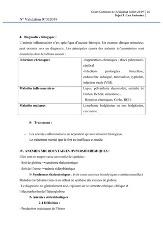 Cours Commun de Résidanat Juillet 2019
Sujet 3 : Les Anémies
26
N° Validation 07032019
4. Diagnostic étiologique :
L’anémie inflammatoire n’est spécifique d’aucune étiologie. Un examen clinique minutieux
peut orienter vers un diagnostic. Les principales causes des anémies inflammatoires sont
énumérées dans le tableau suivant :
Infections chroniques -Suppurations chroniques : abcès pulmonaire,
cérébral
-Infections prolongées : brucellose,
endocardite subaiguë, tuberculose, typhoïde,
infection virale (VIH).
Maladies inflammatoires Lupus, polyarthrite rhumatoïde, maladie de
Horton, Behcet, sarcoïdose…
Hépatites chroniques, Crohn, RCH,
Maladies malignes Lymphome hodgkinien ou non hodgkinien,
carcinome..
5- Traitement :
- Les anémies inflammatoires ne répondent qu’au traitement étiologique
- Le traitement martial (par le fer) est inefficace et inutile
IV. ANEMIES MICROCYTAIRES HYPERSIDEREMIQUES :
Elles sont en rapport avec un trouble de synthèse :
- Soit de globine →syndrome thalassémique
- Soit de l’hème →anémie sidéroblastique
1- Syndromes thalassémiques : (voir cours anémies hémolytiques constitutionnelles)
Maladies héréditaires liées à un défaut de synthèse des chaines de globine.
Le diagnostic est généralement aisé, reposant sur le contexte ethnique, clinique et
l’électrophorèse de l’hémoglobine
2- Anémies sidéroblastiques
2-1 Définition :
- Production inadéquate de l’hème
 