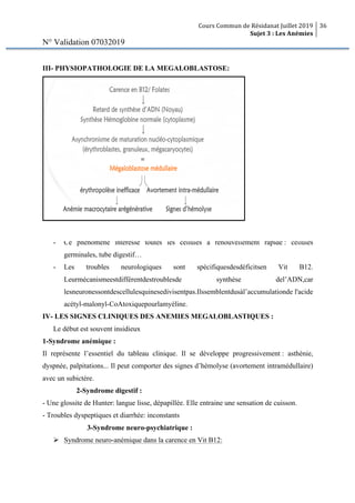 Cours Commun de Résidanat Juillet 2019
Sujet 3 : Les Anémies
36
N° Validation 07032019
III- PHYSIOPATHOLOGIE DE LA MEGALOBLASTOSE:
- Ce phénomène intéresse toutes les cellules à renouvellement rapide : cellules
germinales, tube digestif…
- Les troubles neurologiques sont spécifiquesdesdéficitsen Vit B12.
Leurmécanismeestdifférentdestroublesde synthèse del’ADN,car
lesneuronessontdescellulesquinesedivisentpas.Ilssemblentdusàl’accumulationde l'acide
acétyl-malonyl-CoAtoxiquepourlamyéline.
IV- LES SIGNES CLINIQUES DES ANEMIES MEGALOBLASTIQUES :
Le début est souvent insidieux
1-Syndrome anémique :
Il représente l’essentiel du tableau clinique. Il se développe progressivement : asthénie,
dyspnée, palpitations... Il peut comporter des signes d’hémolyse (avortement intramédullaire)
avec un subictère.
2-Syndrome digestif :
- Une glossite de Hunter: langue lisse, dépapillée. Elle entraine une sensation de cuisson.
- Troubles dyspeptiques et diarrhée: inconstants
3-Syndrome neuro-psychiatrique :
Ø Syndrome neuro-anémique dans la carence en Vit B12:
aaaaaaaaaaaaaaaaaaaaaaaaaaaaaaaaaaaaaaaaaaaaaaaaaaaaaaaaaaaaaaa
 