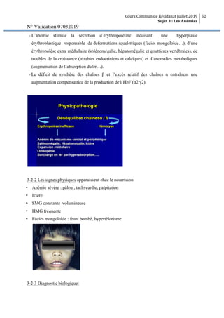 Cours Commun de Résidanat Juillet 2019
Sujet 3 : Les Anémies
52
N° Validation 07032019
- L’anémie stimule la sécrétion d’érythropoïétine induisant une hyperplasie
érythroblastique responsable de déformations squelettiques (faciès mongoloïde…), d’une
érythropoïèse extra médullaire (splénomégalie, hépatomégalie et gouttières vertébrales), de
troubles de la croissance (troubles endocriniens et calciques) et d’anomalies métaboliques
(augmentation de l’absorption dufer…).
- Le déficit de synthèse des chaînes β et l’excès relatif des chaînes α entraînent une
augmentation compensatrice de la production de l’HbF (α2,γ2).
3-2-2 Les signes physiques apparaissent chez le nourrisson:
Ÿ Anémie sévère : pâleur, tachycardie, palpitation
Ÿ Ictère
Ÿ SMG constante volumineuse
Ÿ HMG fréquente
Ÿ Faciès mongoloïde : front bombé, hypertélorisme
3-2-3 Diagnostic biologique:
 
