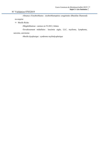 Cours Commun de Résidanat Juillet 2019
Sujet 3 : Les Anémies
7
N° Validation 07032019
-Absence d’érythroblastes : érythroblastopénie congénitale (Blackfan Diamond)
ou acquise
ð Moelle Riche:
-Mégaloblastose : carence en Vit B12, folates
-Envahissement médullaire : leucémie aigüe, LLC, myélome, lymphome,
sarcome, carcinome
-Moelle dysplasique : syndrome myélodysplasique
 