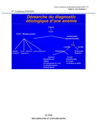 Cours Commun de Résidanat Juillet 2019
Sujet 3 : Les Anémies
9
N° Validation 07032019
LE FER
METABOLISME ET EXPLORATIONS
 