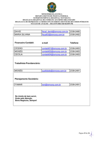 MINISTÉRIO DA JUSTIÇA
DEPARTAMENTO DE POLÍCIA FEDERAL
SUPERINTENDÊNCIA REGIONAL NO PARANÁ
DELEGACIA REGIONAL DE COMBATE AO CRIME ORGANIZADO
DELEGACIA DE REPRESSÃO A CRIMES FINANCEIROS E DESVIO DE RECURSOS PÚBLICOS
NÚCLEO DE ANÁLISE – DELEFIN/DRCOR/SR/DPF/PR
Página 15 de 34
DAVID fiscal_david@ismcorp.com.br 2338-2480
MARIA SILVANA fiscal03@ismcorp.com.br 2338-2482
Financeiro Contábil: e-mail Telefone
CÍCERO contabil01@ismcorp.com.br 2338-2483
MOISÉS contabil02@ismcorp.com.br 2338-2483
CECÍLIA contabil04@ismcorp.com.br 2338-2483
Trabalhista Previdenciário:
MOISÉS qualidade@ismcorp.com.br 2338-2481
Planejamento Societário:
ITAMAR ism@ismcorp.com.br 2338-2481
No intuito de bem servir,
Grato pela Atenção.
Bons Negócios, Sempre!
 