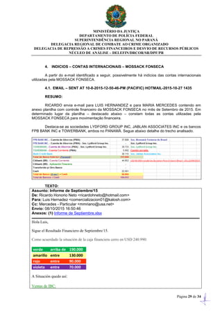 MINISTÉRIO DA JUSTIÇA
DEPARTAMENTO DE POLÍCIA FEDERAL
SUPERINTENDÊNCIA REGIONAL NO PARANÁ
DELEGACIA REGIONAL DE COMBATE AO CRIME ORGANIZADO
DELEGACIA DE REPRESSÃO A CRIMES FINANCEIROS E DESVIO DE RECURSOS PÚBLICOS
NÚCLEO DE ANÁLISE – DELEFIN/DRCOR/SR/DPF/PR
Página 29 de 34
4. INDICIOS – CONTAS INTERNACIONAIS – MOSSACK FONSECA
A partir do e-mail identificado a seguir, possivelmente há indícios das contas internacionais
utilizadas pela MOSSACK FONSECA.
4.1. EMAIL – SENT AT 10-8-2015-12-50-46-PM (PACIFIC) HOTMAIL-2015-10-27 1435
RESUMO:
RICARDO envia e-mail para LUIS HERNANDEZ e para MARIA MERCEDES contendo em
anexo planilha com controle financeiro da MOSSACK FONSECA no mês de Setembro de 2015. Em
determinado lugar da planilha – destacado abaixo – constam todas as contas utilizadas pela
MOSSACK FONSECA para movimentação financeira.
Destaca-se as sociedades LYDFORD GROUP INC, JABLAN ASSOCIATES INC e os bancos
FPB BANK INC e TOWERBANK, ambos no PANAMÁ. Segue abaixo detalhe do trecho analisado.
TEXTO:
Assunto: Informe de Septiembre/15
De: Ricardo Honorio Neto <ricardohneto@hotmail.com>
Para: Luis Hernadez <comercializacion01@kalosh.com>
Cc: Mercedes - Particular <mmriano@usa.net>
Envio: 08/10/2015 16:50:46
Anexos: (1) Informe de Septiembre.xlsx
Hola Luis,
Sigue el Resultado Financiero de Septiembre/15.
Como acuerdado la situación de la caja financiera cerro en USD 240.990:
verde arriba de 190.000
amarillo entre 130.000
rojo entre 90.000
violeta entre 70.000
A Situación quedo así:
Ventas de IBC:
 