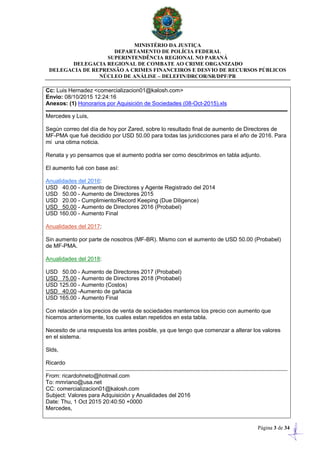 MINISTÉRIO DA JUSTIÇA
DEPARTAMENTO DE POLÍCIA FEDERAL
SUPERINTENDÊNCIA REGIONAL NO PARANÁ
DELEGACIA REGIONAL DE COMBATE AO CRIME ORGANIZADO
DELEGACIA DE REPRESSÃO A CRIMES FINANCEIROS E DESVIO DE RECURSOS PÚBLICOS
NÚCLEO DE ANÁLISE – DELEFIN/DRCOR/SR/DPF/PR
Página 3 de 34
Cc: Luis Hernadez <comercializacion01@kalosh.com>
Envio: 08/10/2015 12:24:16
Anexos: (1) Honorarios por Aquisición de Sociedades (08-Oct-2015).xls
Mercedes y Luis,
Según correo del día de hoy por Zared, sobre lo resultado final de aumento de Directores de
MF-PMA que fué decidido por USD 50.00 para todas las juridicciones para el año de 2016. Para
mi una otima noticia.
Renata y yo pensamos que el aumento podria ser como descibrimos en tabla adjunto.
El aumento fué con base así:
Anualidades del 2016:
USD 40.00 - Aumento de Directores y Agente Registrado del 2014
USD 50.00 - Aumento de Directores 2015
USD 20.00 - Cumplimiento/Record Keeping (Due Diligence)
USD 50.00 - Aumento de Directores 2016 (Probabel)
USD 160.00 - Aumento Final
Anualidades del 2017:
Sin aumento por parte de nosotros (MF-BR). Mismo con el aumento de USD 50.00 (Probabel)
de MF-PMA.
Anualidades del 2018:
USD 50.00 - Aumento de Directores 2017 (Probabel)
USD 75.00 - Aumento de Directores 2018 (Probabel)
USD 125.00 - Aumento (Costos)
USD 40.00 -Aumento de gañacia
USD 165.00 - Aumento Final
Con relación a los precios de venta de sociedades mantemos los precio con aumento que
hicemos anteriormente, los cuales estan repetidos en esta tabla.
Necesito de una respuesta los antes posible, ya que tengo que comenzar a alterar los valores
en el sistema.
Slds,
Ricardo
From: ricardohneto@hotmail.com
To: mmriano@usa.net
CC: comercializacion01@kalosh.com
Subject: Valores para Adquisición y Anualidades del 2016
Date: Thu, 1 Oct 2015 20:40:50 +0000
Mercedes,
 