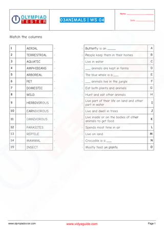 Class 3 Science Olympiad Sample paper on Animals - Set 01 | PDF