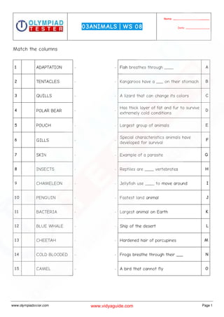Class 3 Science Olympiad Sample paper on Animals - Set 01 | PDF