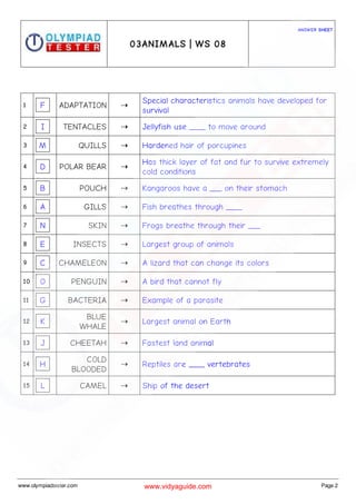 Class 3 Science Olympiad Sample paper on Animals - Set 01 | PDF