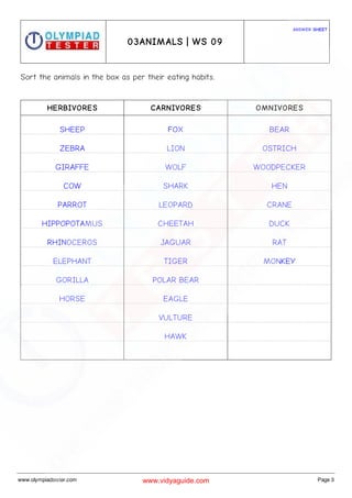 Class 3 Science Olympiad Sample paper on Animals - Set 01 | PDF