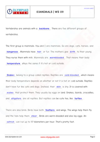 Class 3 Science Olympiad Sample paper on Animals - Set 01 | PDF
