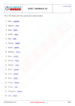 class 3 science olympiad sample paper on animals set 01