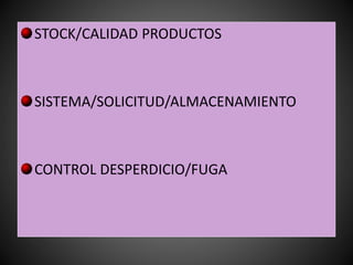 STOCK/CALIDAD PRODUCTOS
SISTEMA/SOLICITUD/ALMACENAMIENTO
CONTROL DESPERDICIO/FUGA
 
