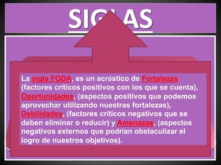 SIGLAS
La sigla FODA, es un acróstico de Fortalezas
(factores críticos positivos con los que se cuenta),
Oportunidades, (aspectos positivos que podemos
aprovechar utilizando nuestras fortalezas),
Debilidades, (factores críticos negativos que se
deben eliminar o reducir) y Amenazas, (aspectos
negativos externos que podrían obstaculizar el
logro de nuestros objetivos).
 