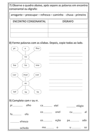 7) Observe o quadro abaixo, após separe as palavras em encontro
consonantal ou dígrafo:
ENCONTRO CONSONANTAL DÍGRAFO
8) Forme palavras com as sílabas. Depois, copie todas ao lado.
9) Complete com r ou rr.
arrogante – preocupar – refresco – caminho - chuva - primeiro
 