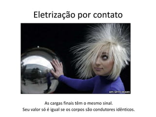 Eletrização por contato
As cargas finais têm o mesmo sinal.
Seu valor só é igual se os corpos são condutores idênticos.
 