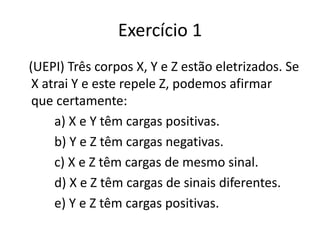 Exercício 1
(UEPI) Três corpos X, Y e Z estão eletrizados. Se
X atrai Y e este repele Z, podemos afirmar
que certamente:
a) X e Y têm cargas positivas.
b) Y e Z têm cargas negativas.
c) X e Z têm cargas de mesmo sinal.
d) X e Z têm cargas de sinais diferentes.
e) Y e Z têm cargas positivas.
 