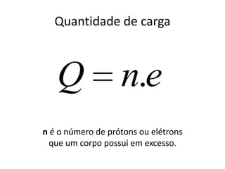 Quantidade de carga
n é o número de prótons ou elétrons
que um corpo possui em excesso.
enQ .
 