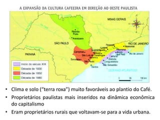 • Clima e solo (“terra roxa”) muito favoráveis ao plantio do Café.
• Proprietários paulistas mais inseridos na dinâmica econômica
  do capitalismo
• Eram proprietários rurais que voltavam-se para a vida urbana.
 