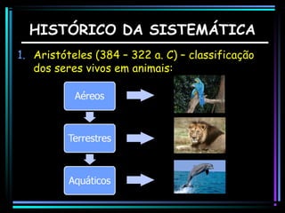 HISTÓRICO DA SISTEMÁTICA
1. Aristóteles (384 – 322 a. C) – classificação
dos seres vivos em animais:

 