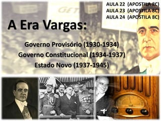 A Era Vargas:
Governo Provisório (1930-1934)
Governo Constitucional (1934-1937)
Estado Novo (1937-1945)
AULA 11 (APOSTILA 6C)
 