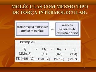 MOLÉCULAS COM MESMO TIPOMOLÉCULAS COM MESMO TIPO
DE FORÇA INTERMOLECULAR:DE FORÇA INTERMOLECULAR:
 