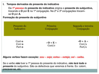 I. Tempos derivados do presente do indicativo
Da 1ª pessoa do presente do indicativo origina o presente do subjuntivo,
trocando o O por E na 1ª conjugação. Na 2ª e 3ª conjugações trocam-
se O por A.
Formação do presente do subjuntivo
Presente do
Indicativo
Primeira
Conjugação
Segunda e terceira
Conjugação
Cant o
Corr o
Part o
- O + E =
Cant/e
-O + A =
Corr/a
Part/a
Alguns verbos fazem exceção: sou – seja; estou – esteja; sei – saiba.
Se o verbo não tiver a 1ª pessoa do presente do indicativo, não terá todo o
presente do subjuntivo. São os defectivos que veremos à frente. Ex: colorir,
precaver-se, etc.
 