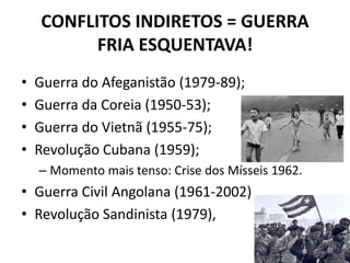 CONFLITOS INDIRETOS = GUERRA
FRIA ESQUENTAVA!
• Guerra do Afeganistão (1979-89);
• Guerra da Coreia (1950-53);
• Guerra do Vietnã (1955-75);
• Revolução Cubana (1959);
– Momento mais tenso: Crise dos Mísseis 1962.
• Guerra Civil Angolana (1961-2002)
• Revolução Sandinista (1979),
 