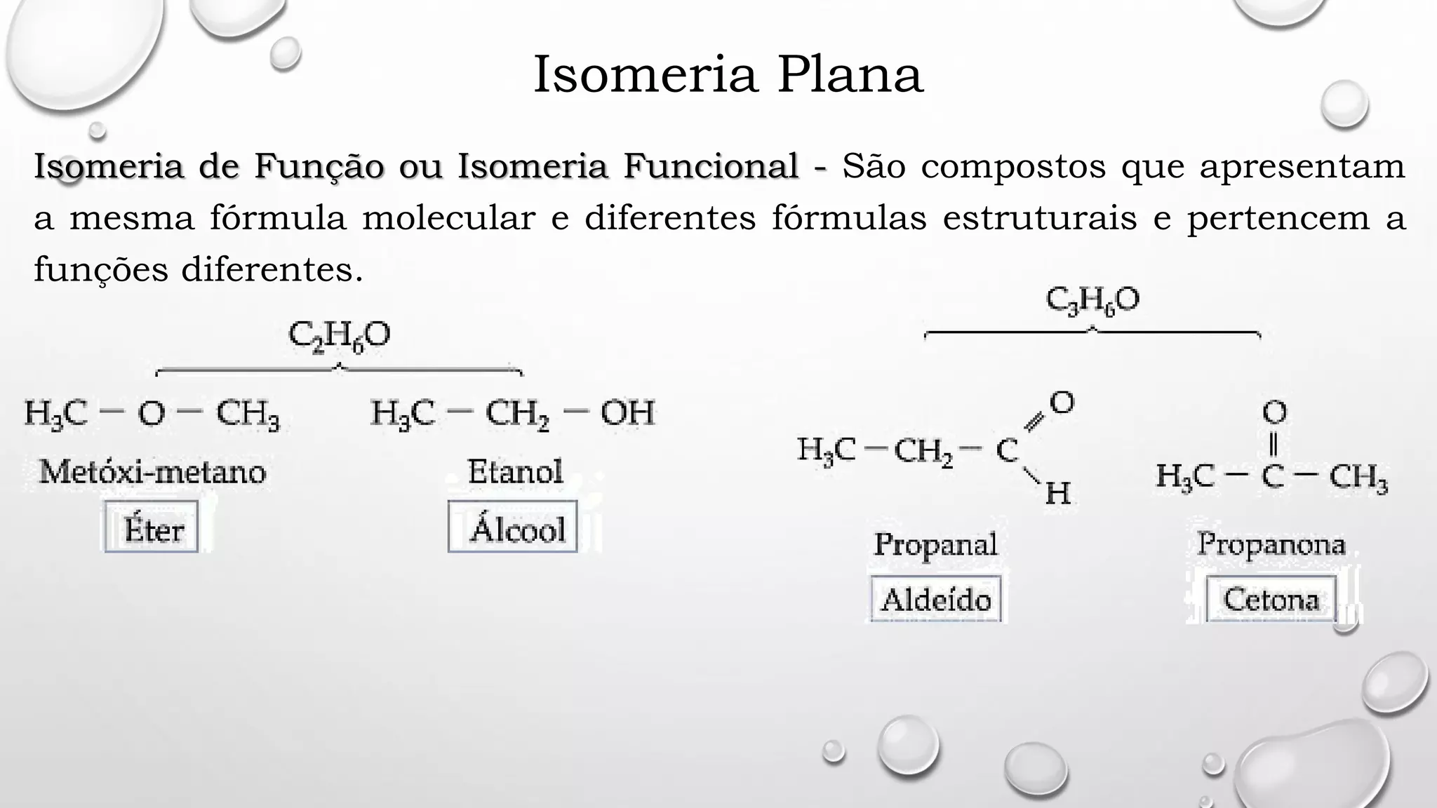 Isomeria Plana
Isomeria de Função ou Isomeria Funcional - São compostos que apresentam
a mesma fórmula molecular e diferentes fórmulas estruturais e pertencem a
funções diferentes.
 