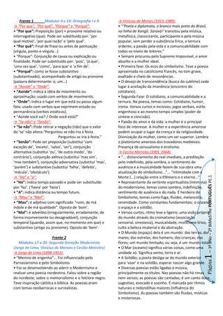 Frente 1            Módulos 9 e 10: Ortografia I e II<br />-> “Por que”, “Por quê”, “Porque” e “Porquê”:<br />• “Por que”: Preposição (por) + pronome relativo ou interrogativo (que). Pode ser substituído por: ‘por qual motivo’, ‘por qual razão’ e ‘pelo qual’.<br />• “Por quê”: Final de frase ou antes de pontuação (vírgula, ponto-e-vírgula...)<br />• “Porque”: Conjunção de causa ou explicação ou finalidade. Pode ser substituído por: ‘pois’, ‘já que’, ‘uma vez que’, ‘como’, ‘para que’ e ‘a fim de’.<br />• “Porquê”: como se fosse substantivo (substantivado); acompanhado de artigo ou pronome (palavra determinante: o, um...)<br />-> “Aonde” e “Onde”:<br />• “Aonde”: indica a idéia de movimento ou aproximação; usado com verbos de movimento.<br />• “Onde”: indica o lugar em que está ou passa algum fato; usado com verbos que exprimem estado ou permanência (verbos estáticos).<br />• “Aonde você vai? / Onde você está?”<br />-> “Se não” e “Senão”:<br />• “Se não”: Pode retirar a negação (não) que o valor do ‘se’ não altera.“Perguntou se não iria à festa.  <br />                                                Perguntou se iria à festa.”<br />• “Senão”: Pode ser preposição (substituí ‘com exceção de’, ‘exceto’, ‘salvo’, ‘ser’), conjunção alternativa (substituí ‘ou’, ‘de outro modo’, ‘do contrário’), conjunção aditiva (substituí ‘mas sim’, ‘mas também’), conjunção adversativa (substituí ‘mas’, ‘porém’) e substantivo (substituí ‘falha’, ‘defeito’, ‘mácula’, ‘obstáculo’).<br />-> “Há” e “a”:<br />• “Há”: indica tempo passado e pode ser substituído por ‘faz’. (‘havia’ por ‘fazia’)<br />• “A”: indica distância ou tempo futuro.<br />-> “Mau” e “Mal”:<br />• “Mau”: é adjetivo com significado “ruim, de má índole e de má qualidade”. Oposto de ‘bom’.<br />• “Mal”: é advérbio (irregularmente, erradamente, de forma inconveniente ou desagradável), conjunção temporal (quando, assim que, no momento em que) e substantivo (artigo ou pronome). Oposto de ‘bem’.<br />Frente 2<br />Módulos 17 a 20: Segunda Geração Modernista (Jorge de Lima, Vinícius de Moraes e Cecília Meireles)<br />-> Jorge de Lima (1898-1953):<br />• “Menino de engenho”... Foi influenciado pelo Parnasianismo e pelo Simbolismo.<br />• Foi-se desenvolvendo ao aderir o Modernismo e realizar uma poesia nordestina. Falou sobre a região do nordeste; sobre o memorialismo e o folclore negro. Teve inspiração católica e bíblica. As poesias eram com temas neobarrocas e surrealistas.<br />-> Vinícius de Morais (1913-1980):<br />• “‘Poeta e diplomata, o branco mais preto do Brasil, na linha de Xangô. Saravá!’ transitou pela mística, metafísica, classicizante, participante e pela música popular, sem perder a substância lírica, a ternura ardente, a paixão pela vida e a comunicabilidade com todos os níveis de leitores.”<br />• Sempre procurou pelo Supremo Impossível, o amor absolto e a mulher ideal.<br />• Primeira fase: Os ecos do simbolismo. Teve a poesia aproximada no catolicismo francês, no tom grave, exaltado e cheio de ressonâncias.<br />• O desejo de transcendência (busca do sublime) cede lugar à aceitação da imanência (encontro do cotidiano).<br />• Segunda Fase: O cotidiano, a comunicabilidade e a ternura. Na poesia, temas como: Cotidiano, humor, ironia. Versos curtos e incisivos; jogos verbais, estilo engenhoso e ao mesmo tempo simples (poder de síntese e concisão).<br />• Paixão do amor e da vida: a mulher é o principal foco de interesse. A mulher e a experiência amorosa podem ocupar o lugar da crença e da religiosidade. Divinização da mulher, como um ser superior. Lembra o platonismo amoroso dos trovadores medievais. Presença de sensualismo e erotismo.<br />-> Cecília Meireles (1901-1964):<br />• “... distanciamento do real imediato, a predileção pelo indefinido, pela sombra, o sentimento de ausência e a musicalidade fazem de sua obra uma atualização do simbolismo...”... “intimidade com a Morte (...) relação entre o Efêmero e o eterno...”<br />• Representante da vertente espiritualista (intimista) do modernismo, temas como sombra, indefinição, sentimento de ausência e do nada. É herdeira do Simbolismo, temas como fuga, fluidez, melancolia, serenidade. Como constantes fundamentais: o oceano, o espaço e a solidão.<br />• Versos curtos, ritmo leve e ligeiro; uma visão própria do mundo através do cromatismo (associação sensorial, sinestesia), musicalidade, misticismo lírico, culto a beleza imaterial e da abstração.<br />• O Mundo (espaço) dela é um mundo: das terras; dor mares; das estrelas; dos homens; das crianças; das flores; um mundo limitado; ou seja, é um mundo total.<br />• O Mar (oceano) significa várias coisas, como uma unidade só. Significa vento, terra e ar.<br />• A Solidão; a poeta desliga-se do mundo exterior para ‘voar’ e na solidão, esperar nascer algo grande.<br />• Diversas poesias estão ligadas à música, principalmente os títulos. Nas poesias não há rimas nem versos; as poesias são cantadas; é um canto doce, sugestivo, evocado e sozinho. É marcada por ritmos naturais e redondilhas maiores (influência do Simbolismo). As poesias também são fluidas, místicas e misteriosas.<br />Frente 3      Módulos 9 e 10: Análise de Textos<br />-> Rosário (Antologia Poética, Vinícius de Morais):<br />E eu era um menino puro / Não fui perder minha infância / No mangue daquela carne! / Dizia que era morena / Sabendo que era mulata / Dizia que era donzela / Nem isso não era ela                                                             (...)<br />Era minha namorada / Primeiro nome de amada / Primeiro chamar de filha...  /Grande filha de uma vaca! / Como não me seduzia / Como não me alucinava / Como deixava, fingindo / Fingindo que não deixava!      (...)<br />Lembro dos seus anos vinte / Junto aos meus quinze deitados / Sob a luz verde da lua.                            (...)<br />Era uma dança morena / Era uma dança mulata / Era o cheiro de amarugem / Era a lua cor de prata / Mas foi só naquela noite! / Passava dando risada / Carregando os peitos loucos / Quem sabe para quem, quem sabe? / Mas como me seduzia / A negra visão escrava / Daquele feixe de águas / Que sabia ela guardava / No fundo das coxas frias! / Mas como me desbragava / Na areia mole e macia! / A areia me recebia / E eu baixinho me entregava/Com medo que Deus ouvisse / Os gemidos que não dava! / Os gemidos que não dava... / Por amor que ela dava / Aos outros de mais idade / Que a carregaram da ilha / Para as ruas da cidade / Meu grane sonho da infância / Angústia da mocidade.<br />- amarugem: gosto amargo, desgosto<br />- desbragava: levava à loucura<br />• Está sublinhada de verde a prostituição de mulheres.<br />• As negações sublinhadas de azul afirmam o comportamento de sedução, que atiçava o desejo do adolescente.<br />• Sabe-se que na época (1928) não havia mais escravidão; portanto a “negra visão escrava” revela que mesmo após a abolição, as mulheres negras e mulatas eram objetos sexuais.<br />• No tempo do enunciado, o personagem é um adolescente apaixonado. No tempo da anunciação, o narrador é um homem feito de olhar crítico sobre o passado.<br />• Em Dom Casmurro, o narrador é um homem maduro e crítico em relação à mulher amada e a si mesmo no passado.<br />-> Cor de Prata (Lamartine Babo):<br />A lua vem saindo / Cor de prata / Cor de Prata / Cor de Prata / Que saudades da mulata<br />Minha mulata / Foi-se embora da cidade / Vejam só que crueldade / Foi com outro e me deixou / Abandonado / Pela estrada do passado / Vou perdendo a mocidade / Na saudade que ficou<br />Eu fui pra roça / Construir minha palhoça / Lá no alto da montanha / Perto de Nosso Senhor / E quando a lua /Lá na mata me acompanha /Sinto o cheiro da mulata /Na montanha tudo é flor.<br />• Tanto “Cor de Prata” quanto “Rosário”, ambos apresentam em comum a sensualidade da mulata que vai embora com outro e deixa sofrendo o eu lírico. Isso é retomado no que está grifado de vermelho.<br />• As mulheres apresentadas nesses dois, são semelhantes aos do O Cortiço (Rita Baiana) e Memórias de um Sargento de Milícias (Vidinha); são mulatas de objeto sexual.<br />-> O Grande Clandestino (Aníbal Machado):<br />Eu me distraio muito com a passagem do tempo. / Chego às vezes a dormir. O tempo aproveita e passa escondido, Mas com que velocidade! / Basta ver o estado das coisas depois que desperto: quase todas fora do lugar, ou desaparecidas; outras, com uma prole imensa.       (...)<br />O que é preciso é nunca dormir, e ficar vigilante, para obrigá-lo ao menos a disfarçar a evidência de suas metamorfoses.    (...)<br />Contudo, não se deve ligar demasiada importância ao tempo. Ele corre de qualquer maneira. / E é até possível que não exista. / Seu propósito evidente é envelhecer o mundo; / Mas a resposta do mundo é renascer sempre para o tempo.<br />-> O Tempo e os Relógios (Cecília Meireles):<br />Creia-se ou não, todo mundo sente que o tempo passa. Não precisamos olhar para o espelho nem para nenhum relógio: o tempo está em nosso coração, e ouve-se; o tempo está em nosso pensamento, e lembra-se. “Vou matando o tempo, enquanto o tempo não me mata” – respondia-me na Índia um grande homem amigo meu, cada vez que perguntava como ia passando.   (...)<br />Em todo caso, esses são os tempos grandes. O tempo pequeno é o dos nossos relógios.<br />• Tanto o O Grande Clandestino quanto O Tempo e os Relógios falam sobre o tempo, da forma como ele age sobre as pessoas e como elas o sentem. Impossível fugir à ação do tempo. (Grifado de roxo).<br />-> Humildade (Cecília Meireles):<br />Tanto que fazer! / Livros que não se leem, cartas que não se escrevem, / línguas que não se aprendem, / amor que não se dá / tudo quanto se esquece. / Amigos entre adeuses, /crianças chorando na tempestade, / cidadãos assinando papéis, papéis, papéis... / até o fim do mundo assinando papéis.<br />E os pássaros detrás de grades da chuva, / os mortos em redoma de cânfora.<br />(E uma canção tão bela.)<br />Tanto que fazer! / E fizemos apenas isto. / E nunca soubemos quem éramos / nem para quê.<br />• O contexto grifado de azul pode ser interpretado como o aprisionamento e a inércia do homem.<br />• À idéia de que pouco foi feito, acrescenta-se, na estrofe final, o desconhecimento da própria essência e finalidade da vida.<br />• O poema opõe a necessidade de fazer à constatação do que se deixa de fazer.<br />• Aquele que fala no poema já passou por um modo de existência que ele próprio lamenta.<br />• O verso “Tanto que fazer” se coloca em oposição ao verso “E fizemos apenas isto”; expressa pelo uso dos termos tanto e apenas.<br />