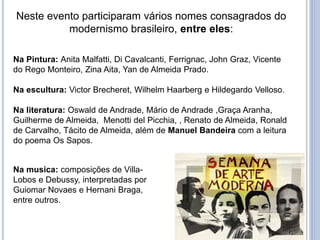 Neste evento participaram vários nomes consagrados do
modernismo brasileiro, entre eles:
Na Pintura: Anita Malfatti, Di Cavalcanti, Ferrignac, John Graz, Vicente
do Rego Monteiro, Zina Aita, Yan de Almeida Prado.
Na escultura: Victor Brecheret, Wilhelm Haarberg e Hildegardo Velloso.
Na literatura: Oswald de Andrade, Mário de Andrade ,Graça Aranha,
Guilherme de Almeida, Menotti del Picchia, , Renato de Almeida, Ronald
de Carvalho, Tácito de Almeida, além de Manuel Bandeira com a leitura
do poema Os Sapos.
Na musica: composições de Villa-
Lobos e Debussy, interpretadas por
Guiomar Novaes e Hernani Braga,
entre outros.
 