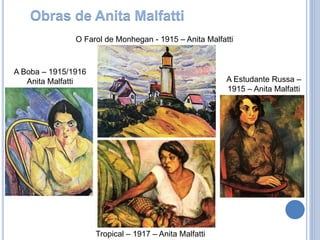 Obras de Anita Malfatti
A Boba – 1915/1916
Anita Malfatti
O Farol de Monhegan - 1915 – Anita Malfatti
A Estudante Russa –
1915 – Anita Malfatti
Tropical – 1917 – Anita Malfatti
 