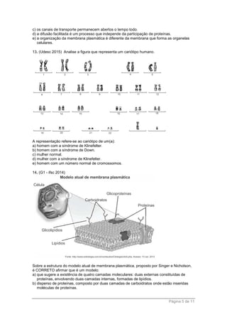 Página 5 de 11
c) os canais de transporte permanecem abertos o tempo todo.
d) a difusão facilitada é um processo que independe da participação de proteínas.
e) a organização da membrana plasmática é diferente da membrana que forma as organelas
celulares.
13. (Udesc 2015) Analise a figura que representa um cariótipo humano.
A representação refere-se ao cariótipo de um(a):
a) homem com a síndrome de Klinefelter.
b) homem com a síndrome de Down.
c) mulher normal.
d) mulher com a síndrome de Klinefelter.
e) homem com um número normal de cromossomos.
14. (G1 - ifsc 2014)
Sobre a estrutura do modelo atual de membrana plasmática, proposto por Singer e Nicholson,
é CORRETO afirmar que é um modelo:
a) que sugere a existência de quatro camadas moleculares: duas externas constituídas de
proteínas, envolvendo duas camadas internas, formadas de lipídios.
b) disperso de proteínas, composto por duas camadas de carboidratos onde estão inseridas
moléculas de proteínas.
 