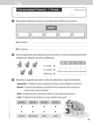 Nome: 
Data:
Matemática
1 Decompõe o número e escreve a sua leitura por ordens e por classes.
a)Por ordens:
b) Por classes:
Ficha de Avaliação Trimestral – 1.º Período
+ + + +
36 841
2 Com os algarismos das etiquetas escreve o maior e o menor número possível de
5 algarismos. Depois, encontra a diferença.
3 Descobre o segredo para abrir o cofre de cada pirata. Liga corretamente.
• Alexandre: “O algarismo das unidades de milhar e o das unidades é o mesmo.”
• Daniel: “O número de milhares é o dobro de 34 e o algarismo das centenas é
o mesmo que o das unidades.”
• Abel: “O algarismo das unidades de milhar e o das dezenas são iguais.”
• João: “O algarismo das dezenas e o das unidades são iguais.”
60 805 68 050 60 500 60 850
● ● ● ●
● ● ● ●
Daniel Alexandre Abel João
9
8
6 4
7
DM UM C D U
n.º maior ➜
n.º menor ➜
diferença ➜
-
15
©
areal
editores
–
Matemática
3
–
Fichas
de
Avaliação
–
3.º
ano
 