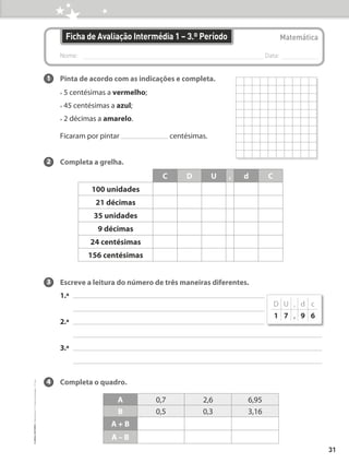 Nome: 
Data:
Matemática
Ficha de Avaliação Intermédia 1 – 3.º Período
1 Pinta de acordo com as indicações e completa.
• 5 centésimas a vermelho;
• 45 centésimas a azul;
• 2 décimas a amarelo.
Ficaram por pintar centésimas.
2 Completa a grelha.
3 Escreve a leitura do número de três maneiras diferentes.
1.ª
		
2.ª
		
3.ª
		
4 Completa o quadro.
C D U , d C
100 unidades
21 décimas
35 unidades
9 décimas
24 centésimas
156 centésimas
A 0,7 2,6 6,95
B 0,5 0,3 3,16
A + B
A – B
D U , d c
1 7 , 9 6
31
©
areal
editores
–
Matemática
3
–
Fichas
de
Avaliação
–
3.º
ano
 
