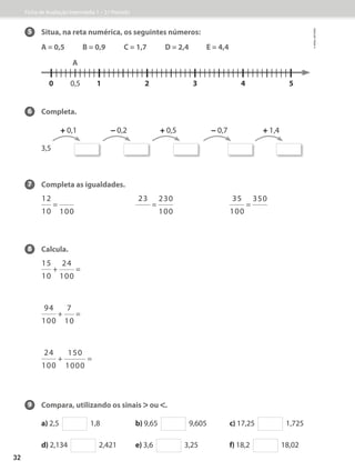5 Situa, na reta numérica, os seguintes números:
A = 0,5 B = 0,9 C = 1,7 D = 2,4 E = 4,4
6 Completa.
3,5
		
7 Completa as igualdades.
12
10
=
100
23
=
230
100
35
100
=
350
8 Calcula.
15
10
+
24
100
=
94
100
+
7
10
=
24
100
+
150
1000
=
9 Compara, utilizando os sinais  ou .
a) 2,5   1,8 b) 9,65     9,605 c) 17,25     1,725
d) 2,134     2,421 e) 3,6     3,25 f) 18,2     18,02
+ 0,1 - 0,2 - 0,7
+ 0,5 + 1,4
0 1
0,5
A
2 3 4 5
Ficha de Avaliação Intermédia 1 – 3.º Período
©
areal
editores
32
 