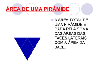 ÁREA DE UMA PIRÂMIDEA ÁREA TOTAL DE UMA PIRÂMIDE É DADA PELA SOMA DAS ÁREAS DAS FACES LATERAIS COM A ÁREA DA BASE.