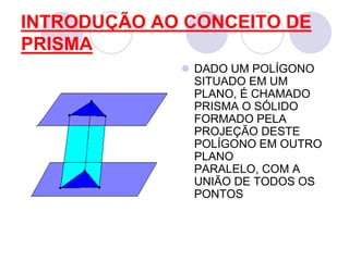 INTRODUÇÃO AO CONCEITO DE PRISMADADO UM POLÍGONO SITUADO EM UM PLANO, É CHAMADO PRISMA O SÓLIDO FORMADO PELA PROJEÇÃO DESTE POLÍGONO EM OUTRO PLANO PARALELO, COM A UNIÃO DE TODOS OS PONTOS