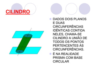 CILINDRODADOS DOIS PLANOS E DUAS CIRCUNFERÊNCIAS IDÊNTICAS CONTIDA NELES, CHAMA-SE CILINDRO A UNIÃO DE TODOS OS PONTOS PERTENCENTES ÀS CIRCUNFERÊNCIAS.É NA REALIDADE PRISMA COM BASE CIRCULAR