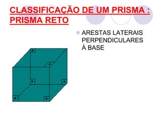 CLASSIFICAÇÃO DE UM PRISMA : PRISMA RETOARESTAS LATERAIS PERPENDICULARES À BASE