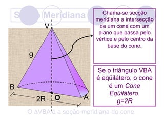 V*OABChama-se secção meridiana a intersecção de um cone com um plano que passa pelo vértice e pelo centro da base do cone.Seção MeridianagSe o triângulo VBA é eqüilátero, o cone é um Cone Eqüilátero.g=2R2RO DVBA é a seção meridiana do cone.