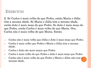 EXERCÍCIO
2. Se Carlos é mais velho do que Pedro, então Maria e Júlia
têm a mesma idade. Se Maria e Júlia têm a mesma idade,
então João é mais moço do que Pedro. Se João é mais moço do
que Pedro, então Carlos é mais velho do que Maria. Ora,
Carlos não é mais velho do que Maria. Então:
a) Carlos não é mais velho que Júlia e João é mais moço que Pedro.
b) Carlos é mais velho que Pedro e Maria e Júlia têm a mesma
idade.
c) Carlos e João são mais moços que Pedro.
d) Carlos é mais velho do que Pedro e João é mais moço que Pedro.
e) Carlos não é mais velho do que Pedro e Maria e Júlia não tem a
mesma idade.
 