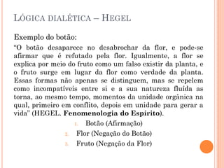LÓGICA DIALÉTICA – HEGEL
Exemplo do botão:
“O botão desaparece no desabrochar da flor, e pode-se
afirmar que é refutado pela flor. Igualmente, a flor se
explica por meio do fruto como um falso existir da planta, e
o fruto surge em lugar da flor como verdade da planta.
Essas formas não apenas se distinguem, mas se repelem
como incompatíveis entre si e a sua natureza fluída as
torna, ao mesmo tempo, momentos da unidade orgânica na
qual, primeiro em conflito, depois em unidade para gerar a
vida” (HEGEL. Fenomenologia do Espírito).
1. Botão (Afirmação)
2. Flor (Negação do Botão)
3. Fruto (Negação da Flor)
 