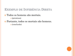 EXEMPLO DE INFERÊNCIA DIRETA
 Todos os homens são mortais.
 (premissa)
 Portanto, todos os mortais são homens.
 (conclusão)
 