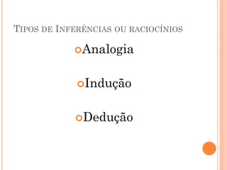 TIPOS DE INFERÊNCIAS OU RACIOCÍNIOS
Analogia
Indução
Dedução
 