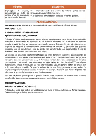 8
TÓPICO: DESCRITOR:
Implicações do suporte,
compreensão do texto, do
gênero e/ou do enunciador
na compreensão do texto.
D5 - Interpretar texto com auxílio de material gráfico diverso
(propagandas, quadrinhos, foto etc.).
D12 - Identificar a finalidade de textos de diferentes gêneros.
PLANEJAMENTO
TEMA DE ESTUDO: Interpretação e compreensão de textos de diferentes gêneros textuais.
DURAÇÃO: 3 aulas.
PROCEDIMENTOS METODOLÓGICOS
A) CONTEXTUALIZAÇÃO/ABERTURA:
Professor (a), inicie a aula destacando que os gêneros textuais surgem como formas de comunicação,
atendendo a necessidade de expressão do ser humano, moldados sob a influência do contexto
histórico e social das diversas esferas da comunicação humana. Assim sendo, eles são dinâmicos e se
originam, se integram e se desenvolvem funcionalmente nas culturas e, para além das questões
linguísticas que os caracterizam, eles são ainda mais caracterizados por suas funções. O ato de
aprender a ler e escrever, há um sentido, uma função.
Os gêneros são dinâmicos e sofrem modificações ao longo do tempo, surgindo e desaparecendo, se
diferenciando de uma região, de uma cultura para outra. Com o desenvolvimento da tecnologia, uma
nova gama de novos gêneros vêm à tona, de forma que atendam às novas necessidades das situações
comunicativas, como e-mail, chats, mensagens em redes sociais, etc. Para Bakhtin (2000) os gêneros
materializam a língua. A língua, por sua vez, está vinculada à vida. Os gêneros portam-se, então, com
o elo entre a língua e a vida. Os gêneros textuais são de uma heterogeneidade imensa, variam do
simples diálogo informal até as teses de doutorado, por exemplo. De acordo com Marcuschi (2008) não
há comunicação que não seja feita através de algum gênero.
Peça aos estudantes que imaginem os gêneros textuais como gavetas de um armário, onde as coisas
que ali estão, foram selecionadas por apresentarem características comuns.
B) DESENVOLVIMENTO:
AULA 1: RETOMANDO O CONCEITO
Professor(a), nesta aula podem ser usados recursos como projeção multimídia ou folhas impressas.
Exponha as imagens abaixo, para os estudantes.
 