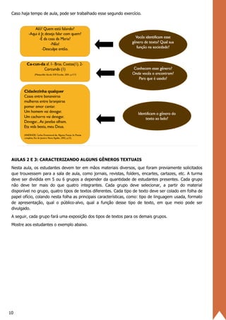 10
Caso haja tempo de aula, pode ser trabalhado esse segundo exercício.
AULAS 2 E 3: CARACTERIZANDO ALGUNS GÊNEROS TEXTUAIS
Nesta aula, os estudantes devem ter em mãos materiais diversos, que foram previamente solicitados
que trouxessem para a sala de aula, como jornais, revistas, folders, encartes, cartazes, etc. A turma
deve ser dividida em 5 ou 6 grupos a depender da quantidade de estudantes presentes. Cada grupo
não deve ter mais do que quatro integrantes. Cada grupo deve selecionar, a partir do material
disponível no grupo, quatro tipos de textos diferentes. Cada tipo de texto deve ser colado em folha de
papel ofício, colando nesta folha as principais características, como: tipo de linguagem usada, formato
de apresentação, qual o público-alvo, qual a função desse tipo de texto, em que meio pode ser
divulgado.
A seguir, cada grupo fará uma exposição dos tipos de textos para os demais grupos.
Mostre aos estudantes o exemplo abaixo.
 