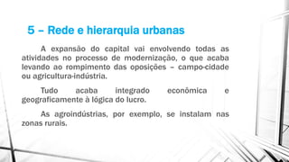 A expansão do capital vai envolvendo todas as
atividades no processo de modernização, o que acaba
levando ao rompimento das oposições – campo-cidade
ou agricultura-indústria.
Tudo acaba integrado econômica e
geograficamente à lógica do lucro.
As agroindústrias, por exemplo, se instalam nas
zonas rurais.
5 – Rede e hierarquia urbanas
 