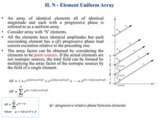 • An array of identical elements all of identical
magnitude and each with a progressive phase is
referred to as a uniform array.
• Consider array with ‘N’ elements.
• All the elements have identical amplitudes but each
succeeding element has a (𝛽) progressive phase lead
current excitation relative to the preceding one.
• The array factor can be obtained by considering the
elements to be point sources. If the actual elements are
not isotropic sources, the total field can be formed by
multiplying the array factor of the isotropic sources by
the field of a single element.
𝜓= progressive relative phase between elements
II. N - Element Uniform Array
 