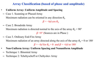 Array Classification (based of phase and amplitude)
• Uniform Array: Uniform Amplitude and Spacing
– Case 1. Scanning or Phased Array
Maximum radiation can be oriented in any direction 𝜃0
𝛽 = −kd cos 𝜃0
– Case 2. Broadside Array
Maximum radiation is directed normal to the axis of the array 𝜃0 = 90°
𝛽 =0° (Sources are in Phase )
– Case 3. Ordinary End-Fire Array
Maximum radiation of an array directed along the axis of the array 𝜃0 = 0 or 180◦
𝛽 = −kd for 𝜃0 = 0 and 𝛽 = +kd or 180◦
• Non-Uniform Array: Uniform Spacing and Nonuniform Amplitude
– Technique 1: Binomial Array
– Technique 2: Tchebyscheff or Chebyshev Array
 
